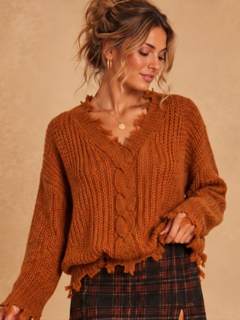 Full Circle Trends Distressed Cable Knit Sweater 2X Rust Brown Boho EUC